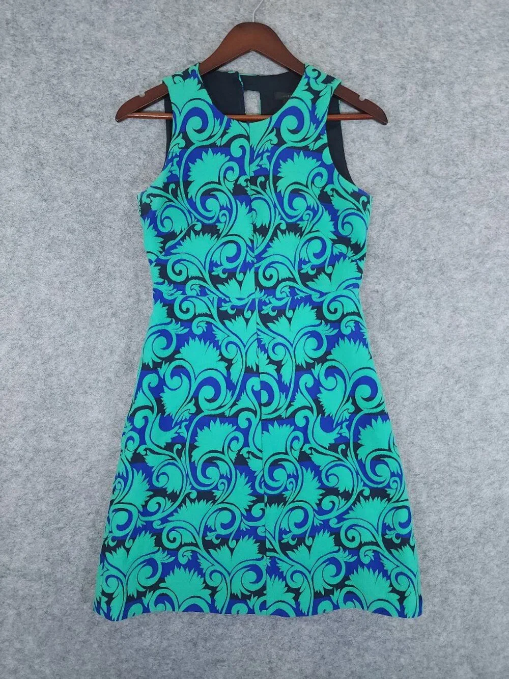 J.Crew Vineyard Jacquard A-Line Dress Size 2 Tall Green Blue Sleeveless Keyhole